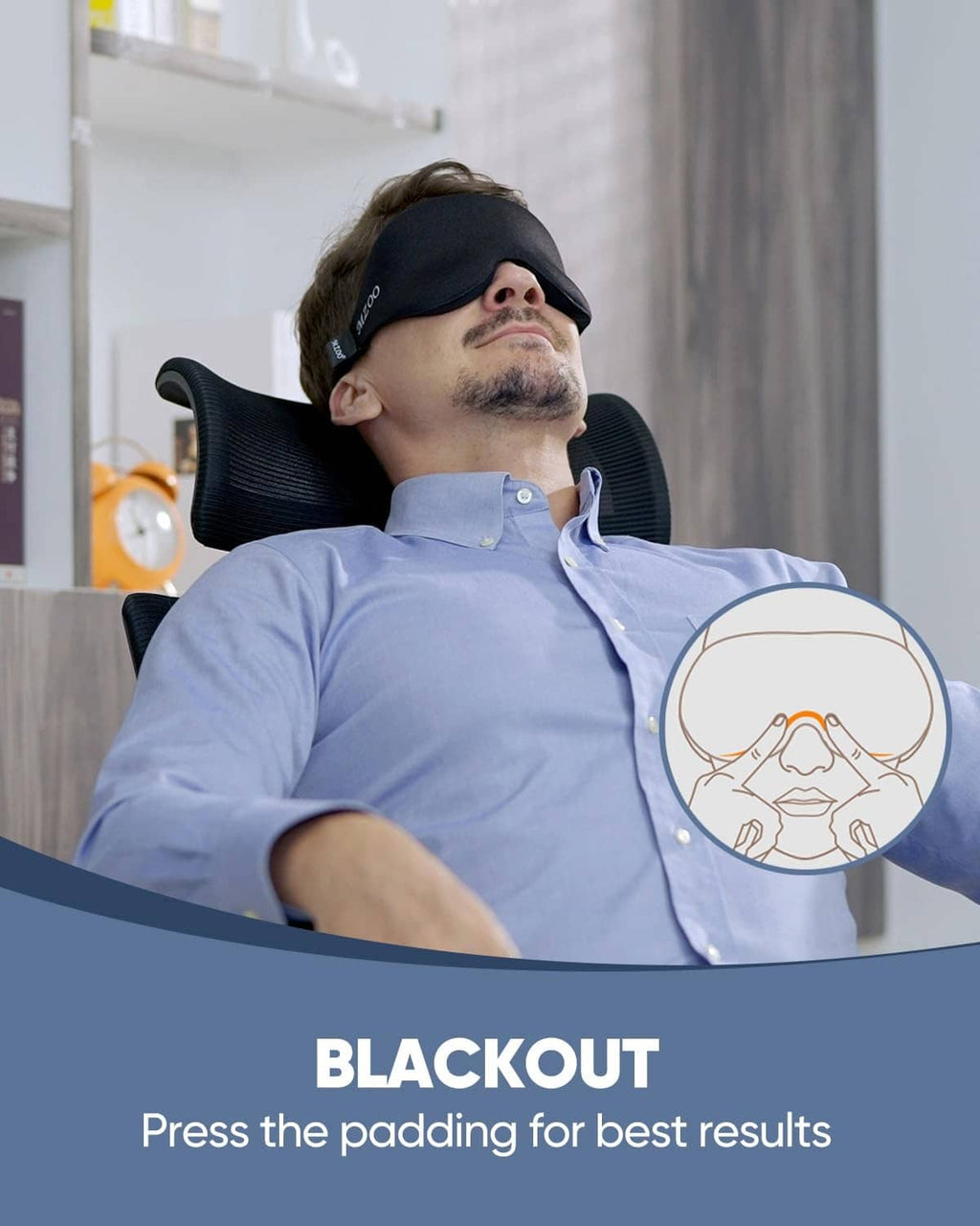 Black sleep eye mask worn by a man, contoured eye cups
