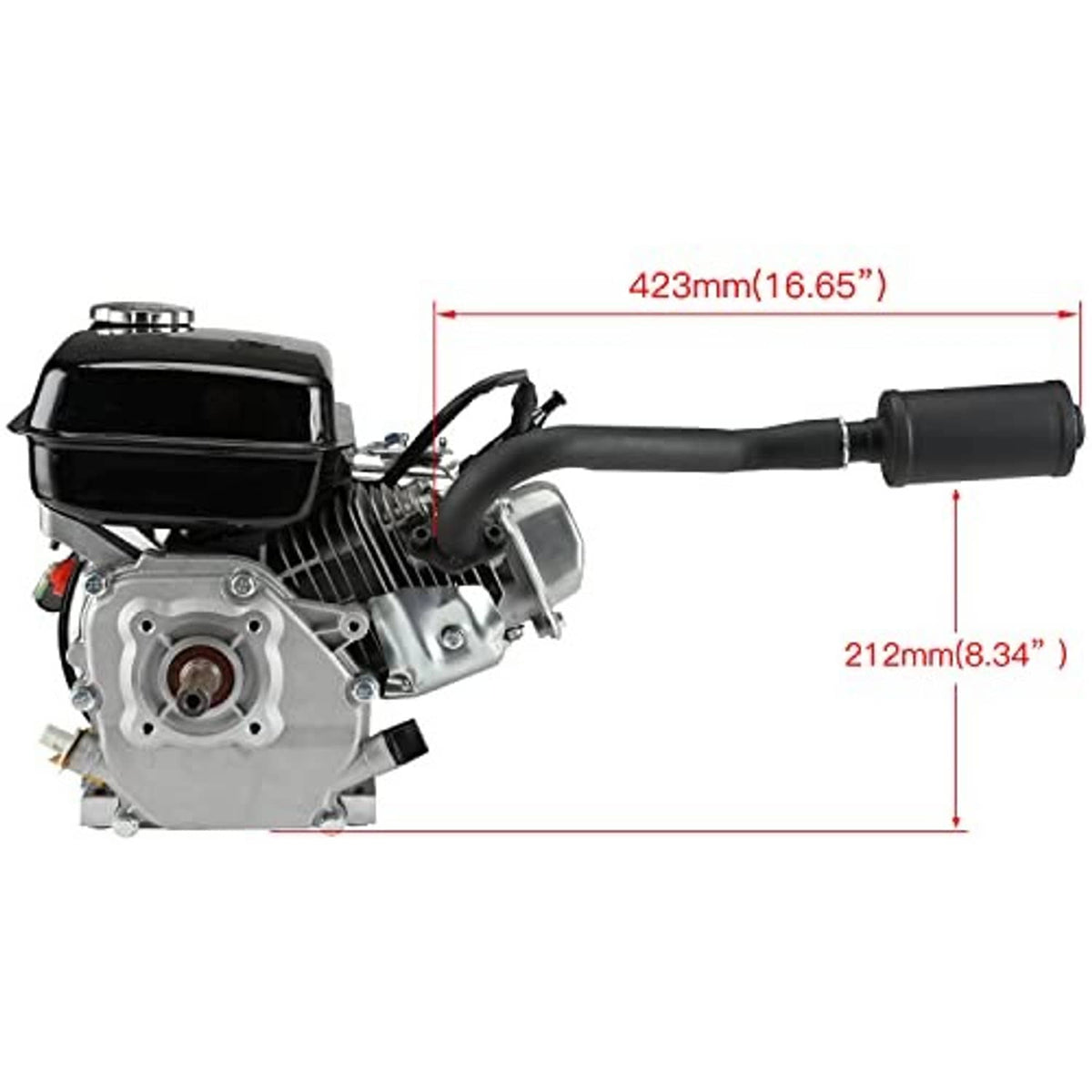 Black exhaust muffler silencer with curved pipe and cylindrical canister, side view