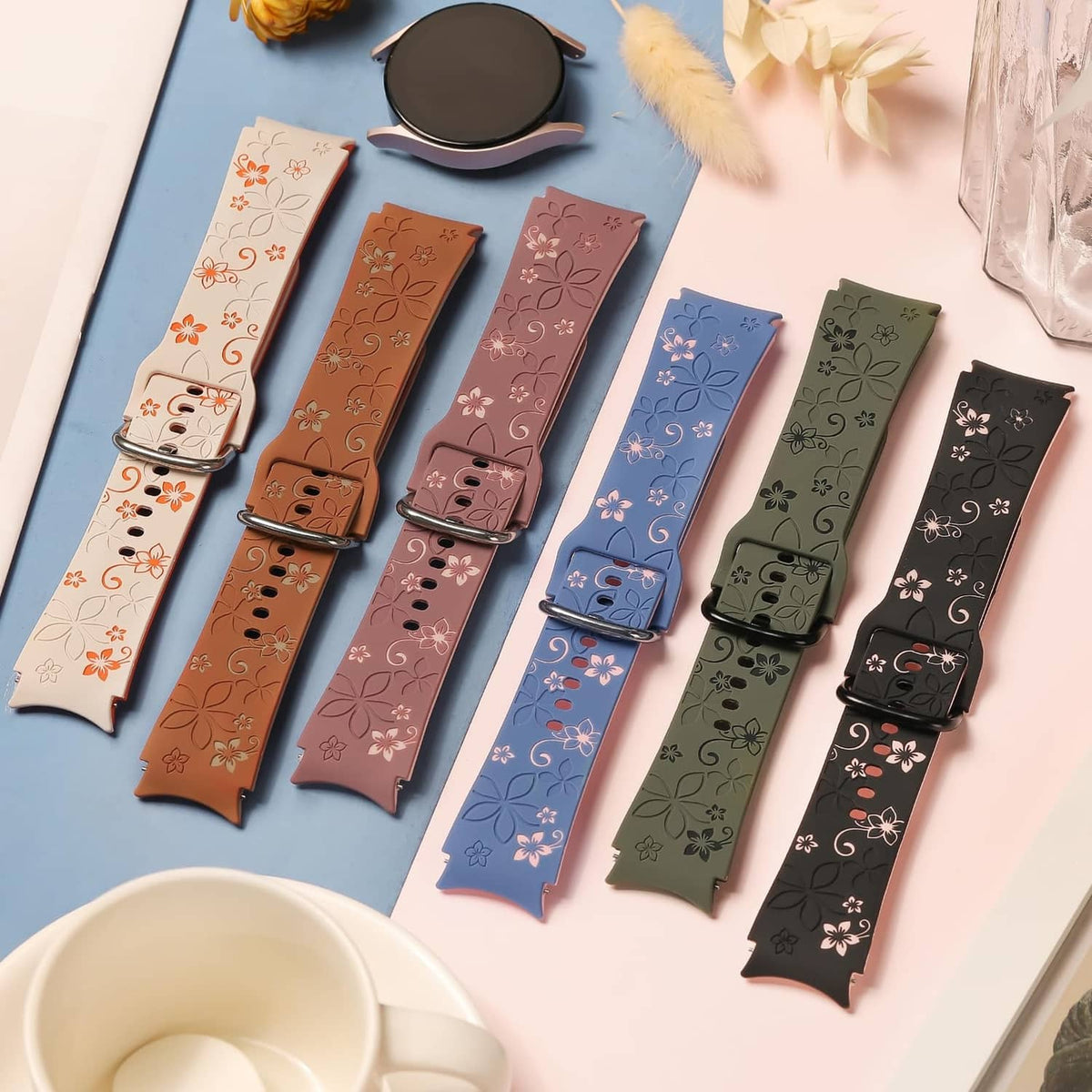 Colorful flower engraved silicone smartwatch bands with floral cutout designs