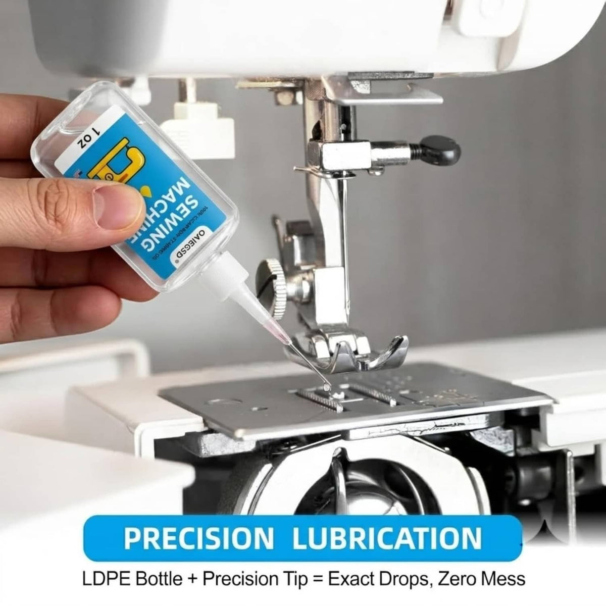 Clear sewing machine oil precision tip applying oil to a sewing machine part