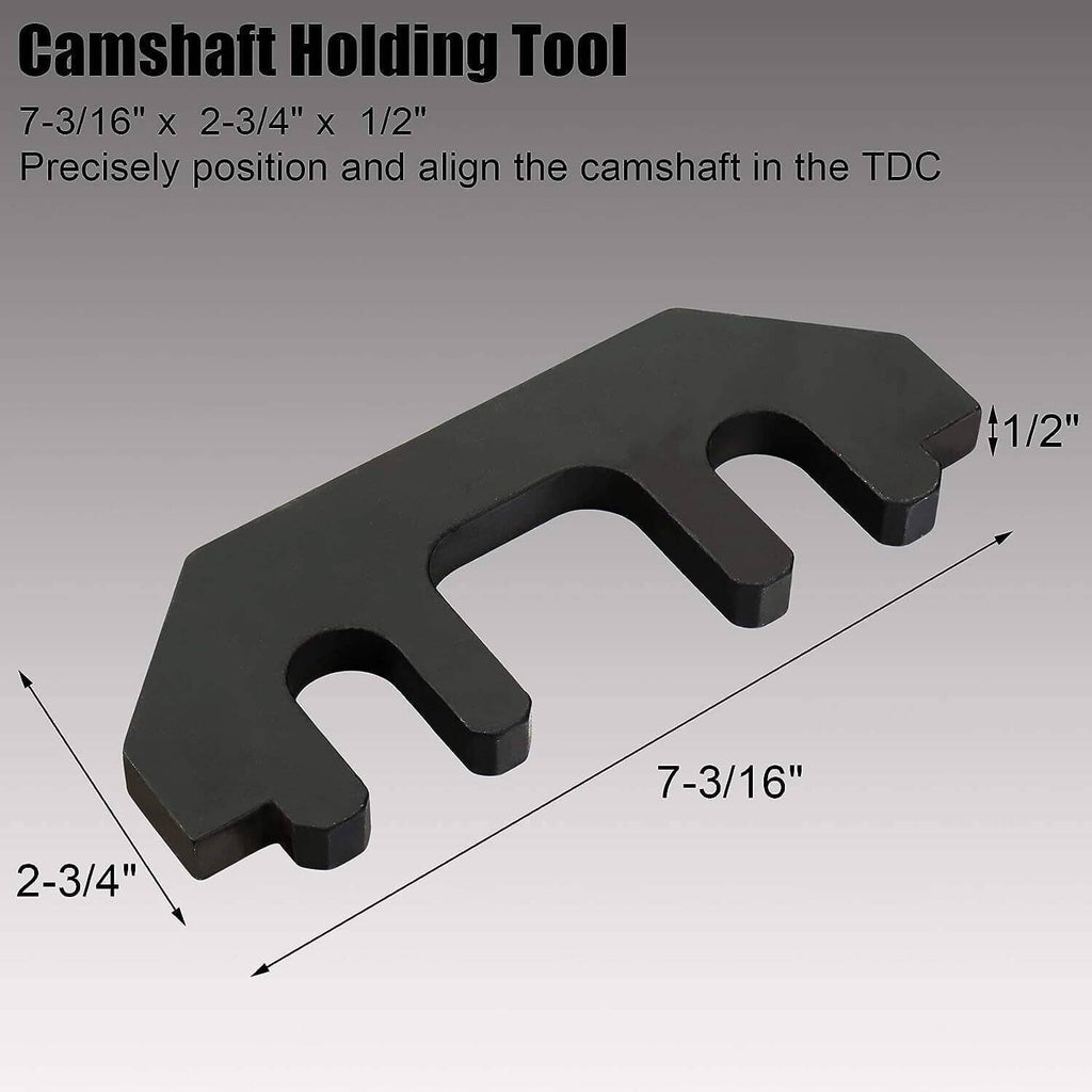 Black camshaft holding tool bar with two prongs and measurement labels