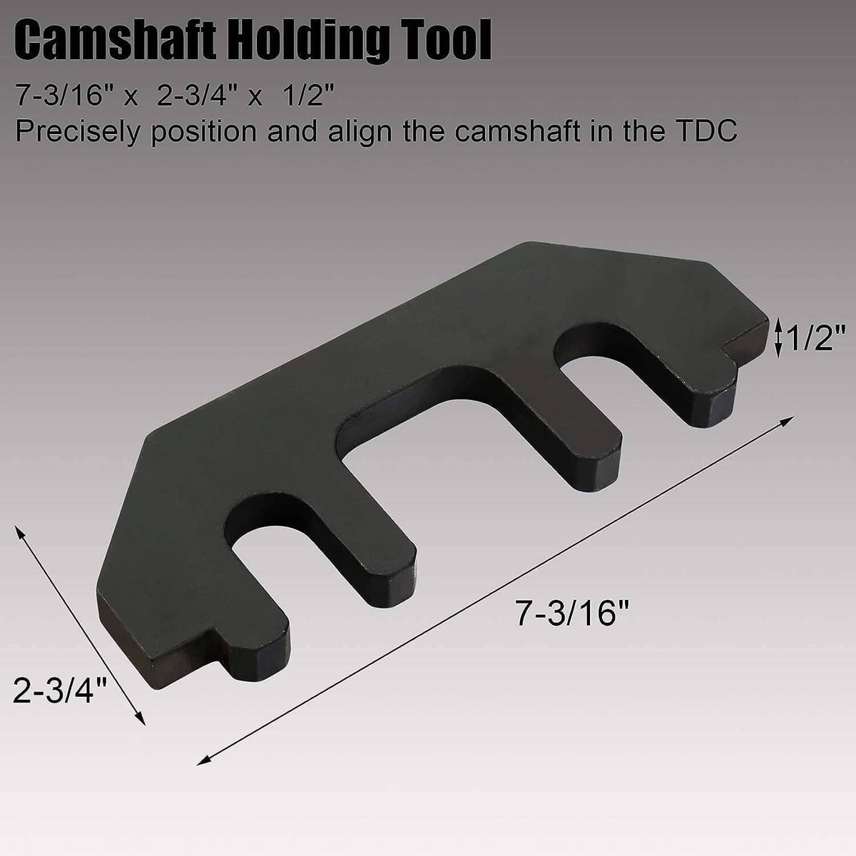 Black camshaft holding tool bar with two prongs and measurement labels