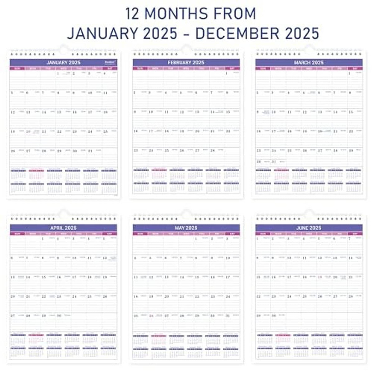 Small 2025 wall calendar set, twelve months from Jan to Dec 2025 overview