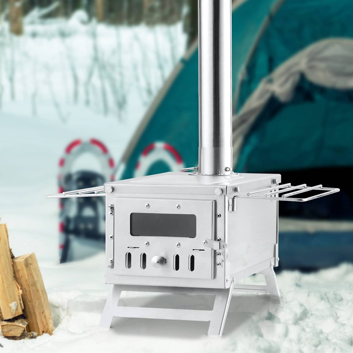 Portable wood stove with chimney pipe and side cooking grate