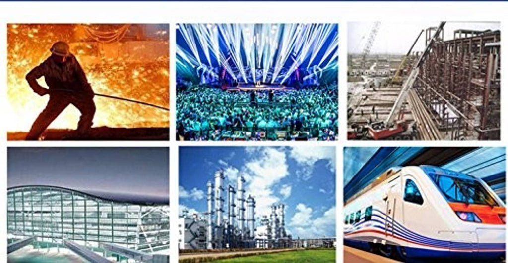 Electrical junction box application collage with industrial, infrastructure, and transit scenes