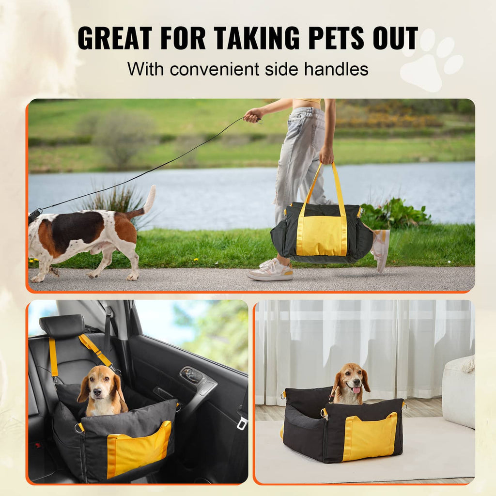 Black and yellow dog booster car seat with convenient side handles for carrying