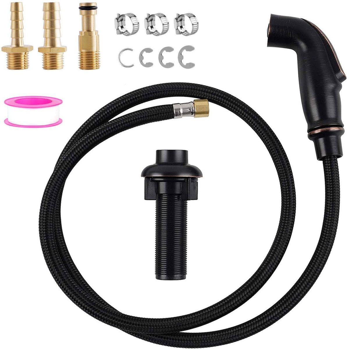 Universal kitchen sink side sprayer kit with black hose and bronze connectors