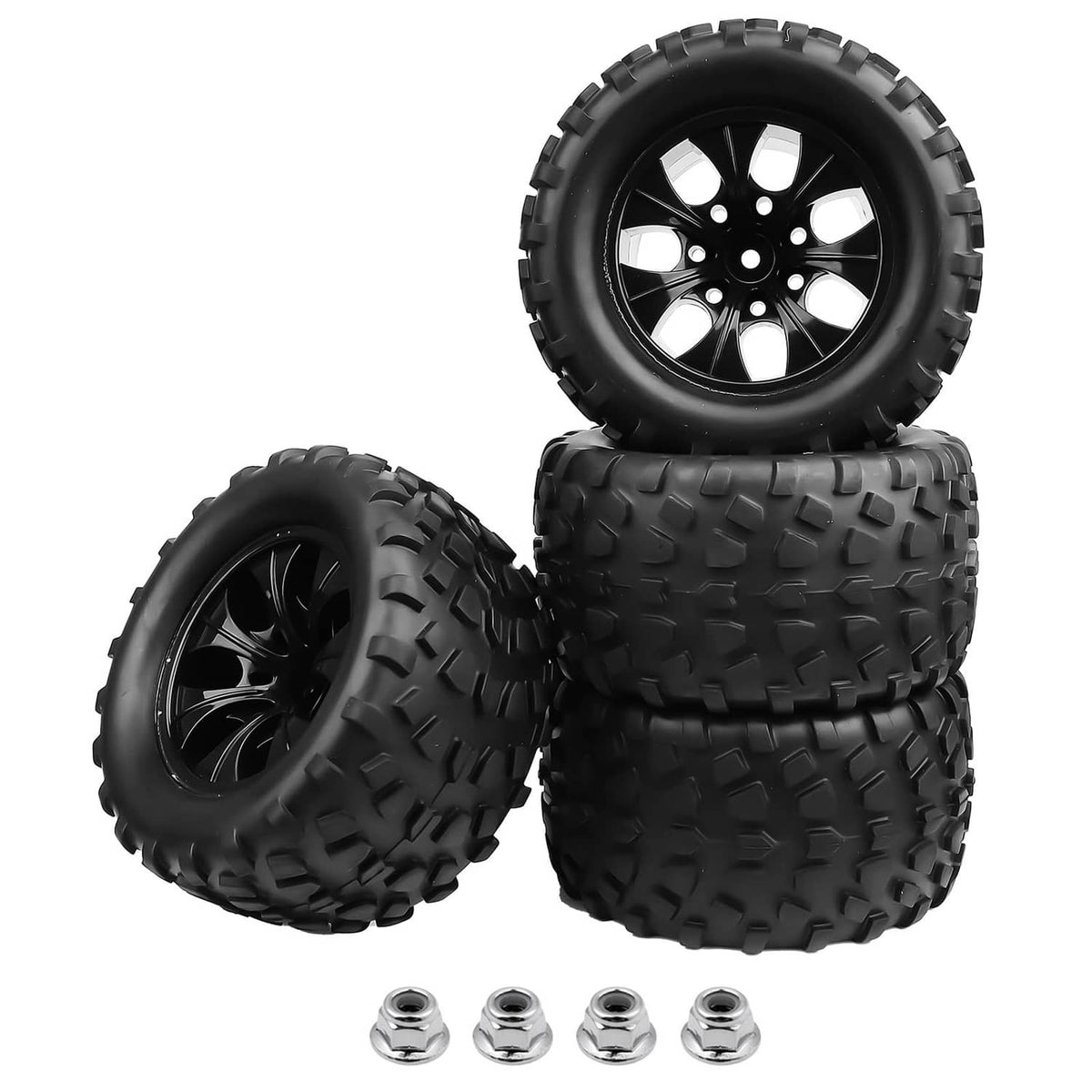 Black RC monster truck tire and wheel set with 12mm hex hardware