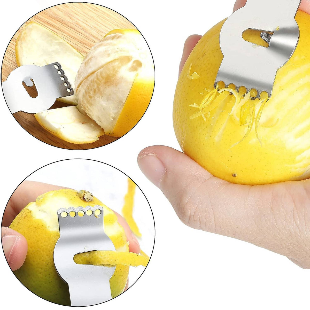Hand holds a stainless steel potato grater attachment with visible holes