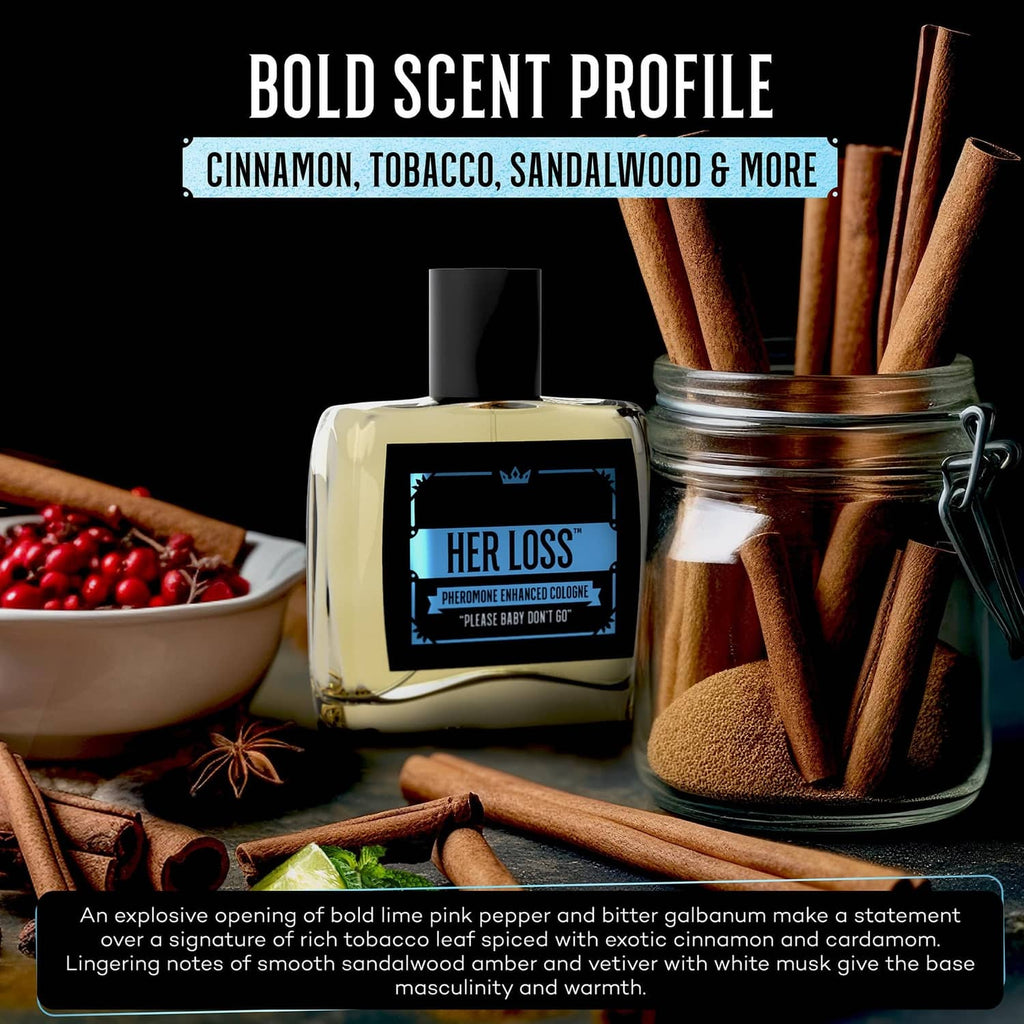 Men's pheromone cologne bottle with black cap and blue label, styled with spices