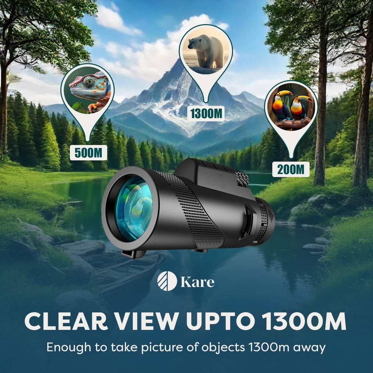 Black monocular telescope with textured grip and wide objective lens