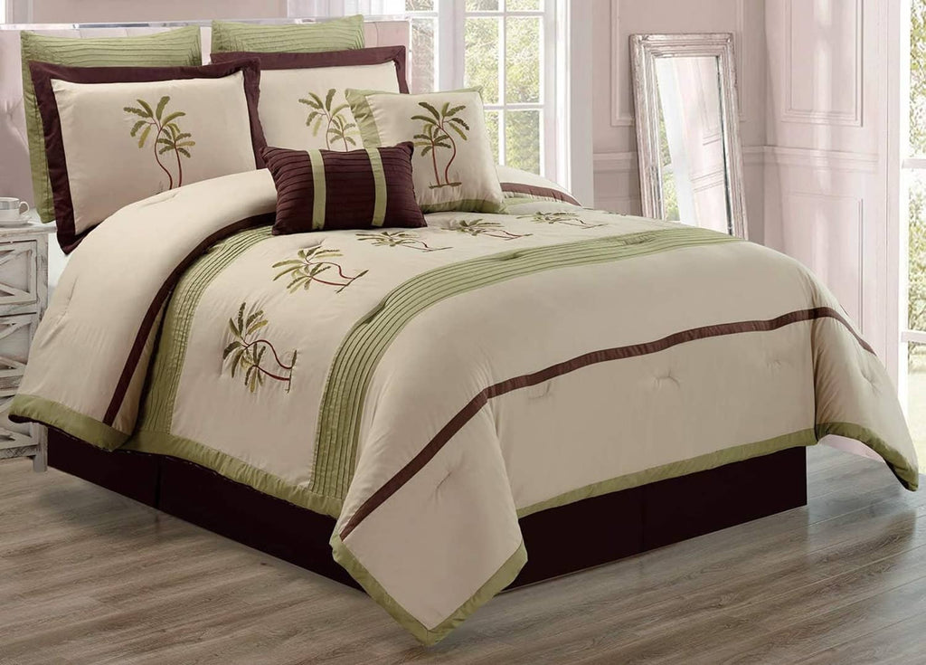 Comforter featuring palm tree embroidery on sage stripe sections with beige backing