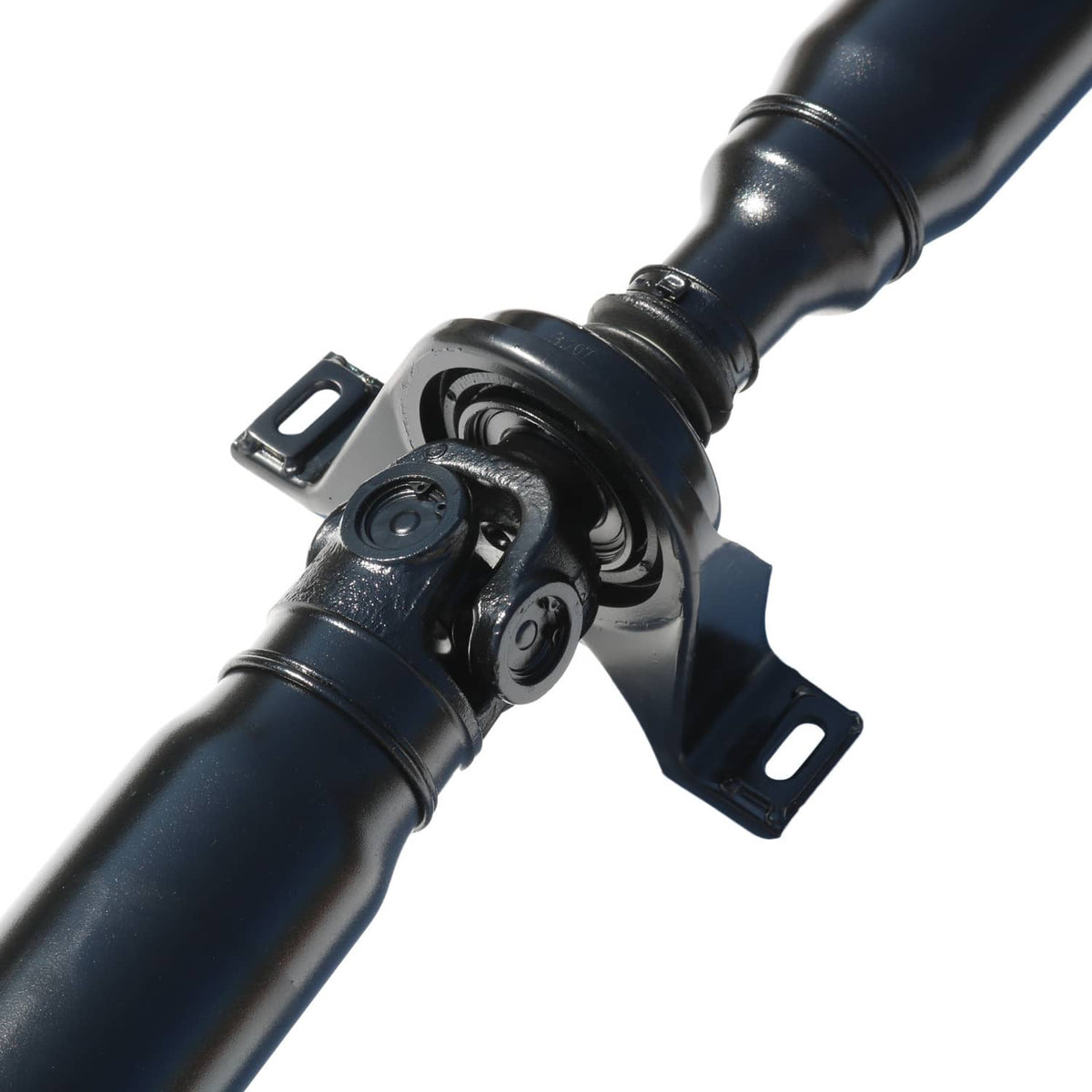 Rear drive shaft center section with universal joint yoke mounts on dark blue tube