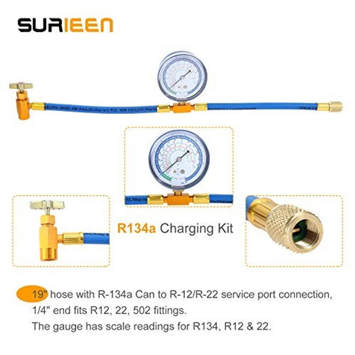 R134a charging kit with blue hose and dial gauge, brass connectors and valve parts