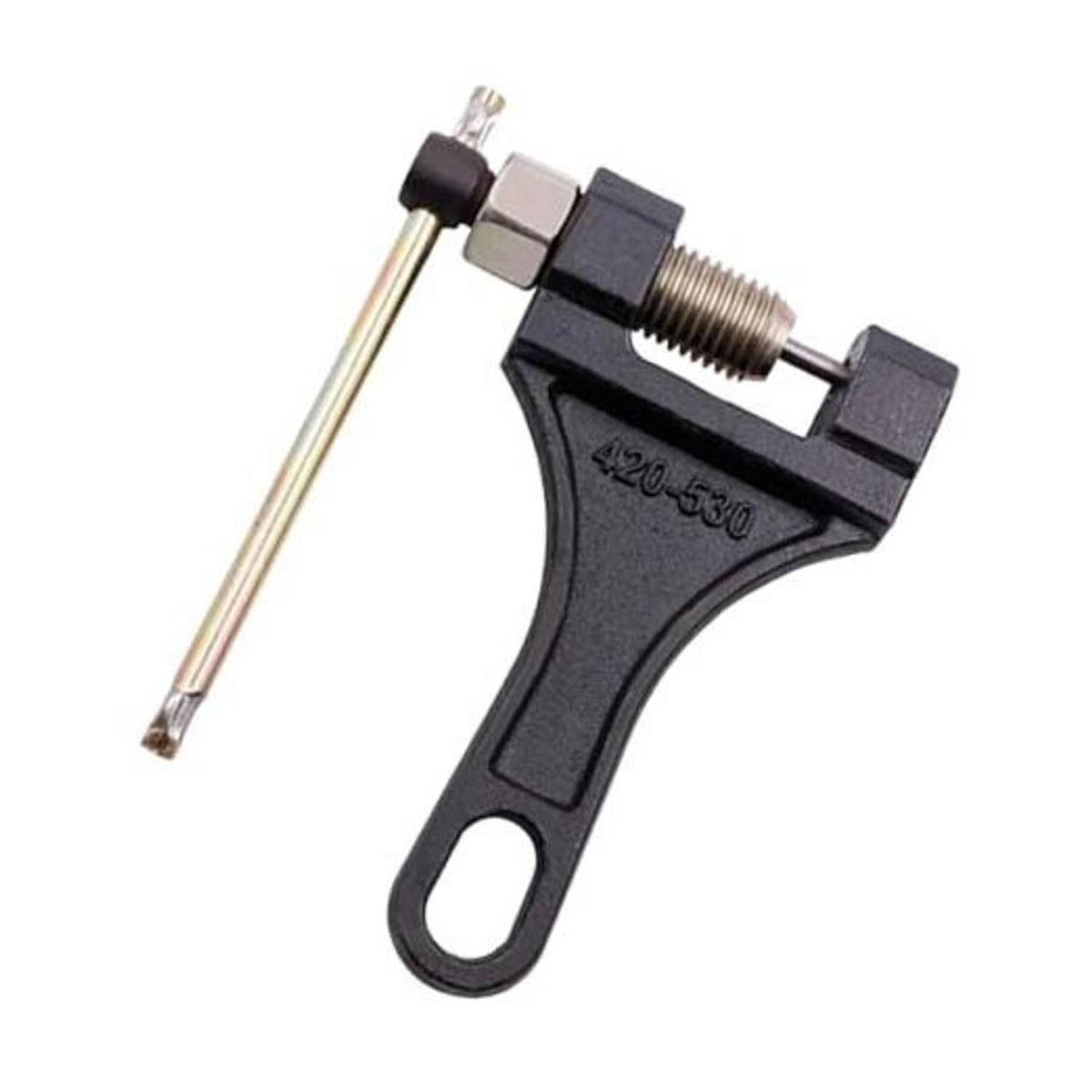 Metal motorcycle chain breaker tool with long T-handle and threaded press pin