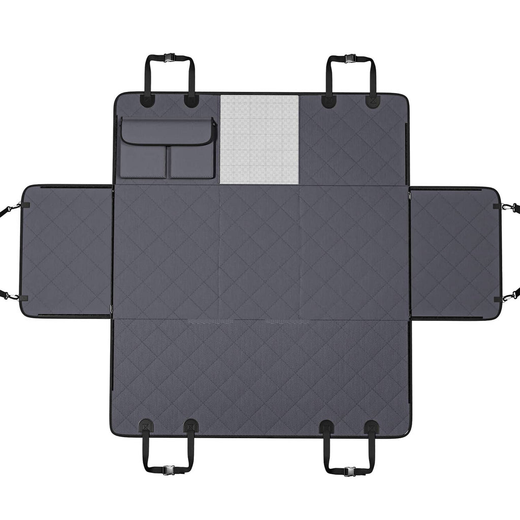Dark gray quilted dog car seat cover with center panel and extended side wings
