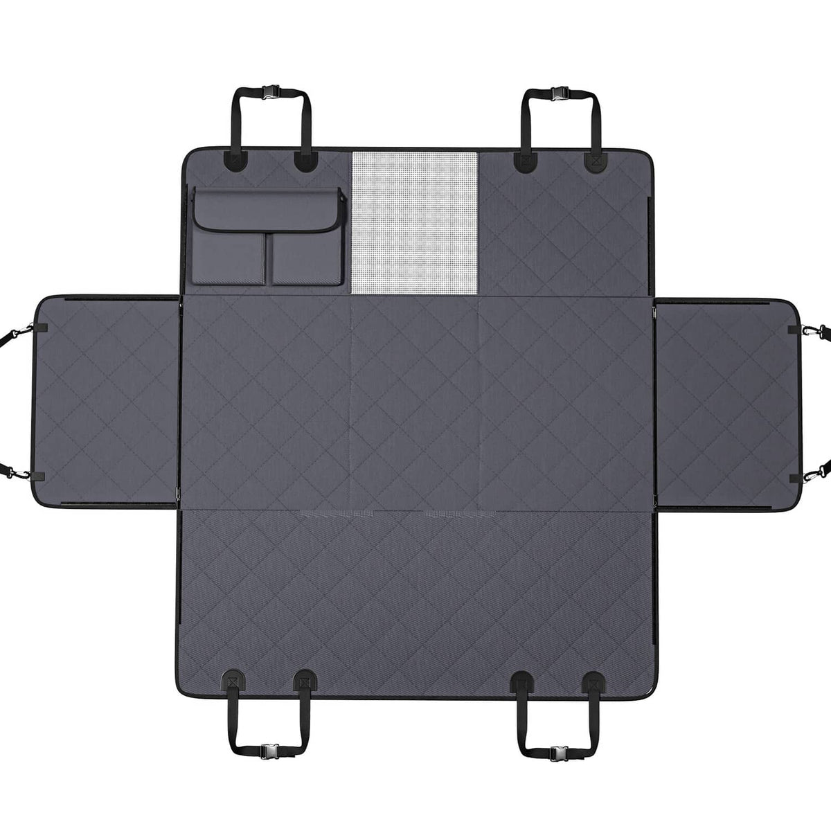 Dark gray quilted dog car seat cover with center panel and extended side wings