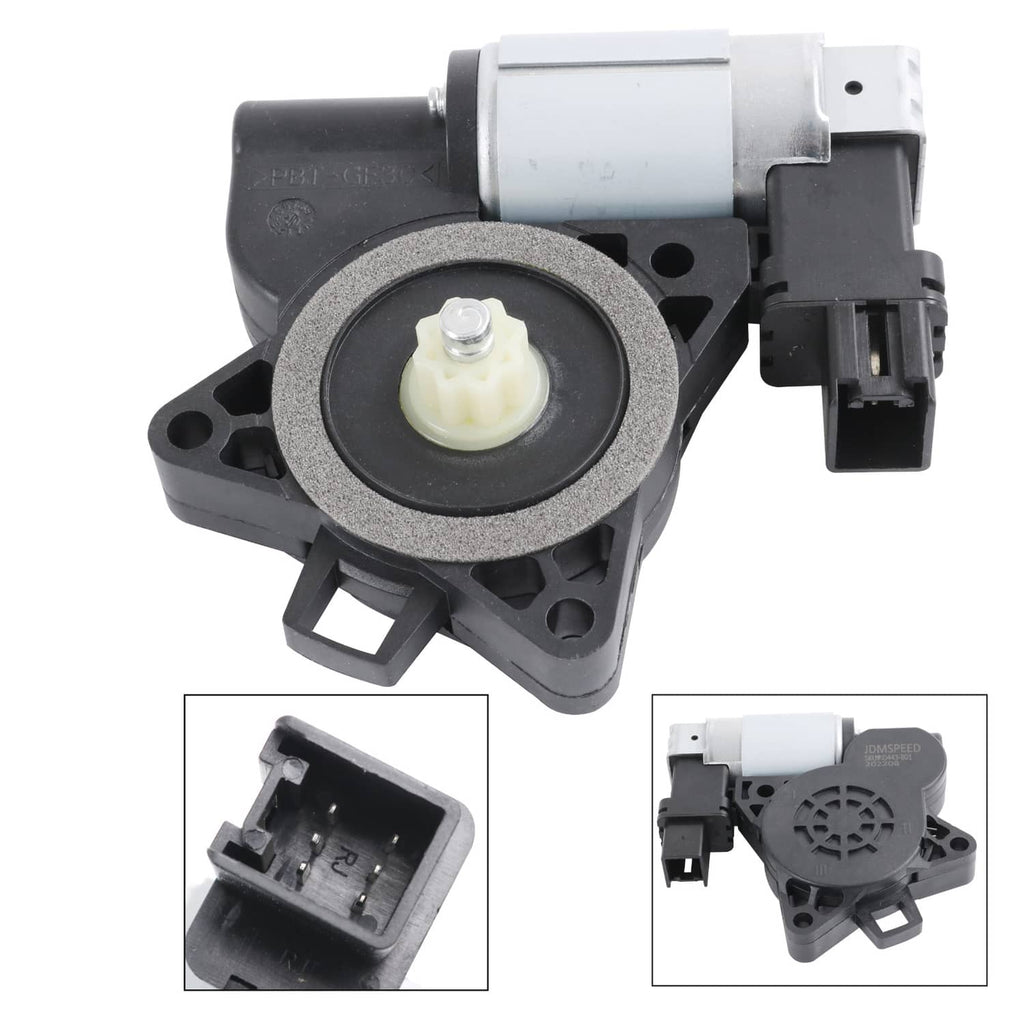 Power window lift regulator motor with black housing and silver cylinder, 6-pin connector