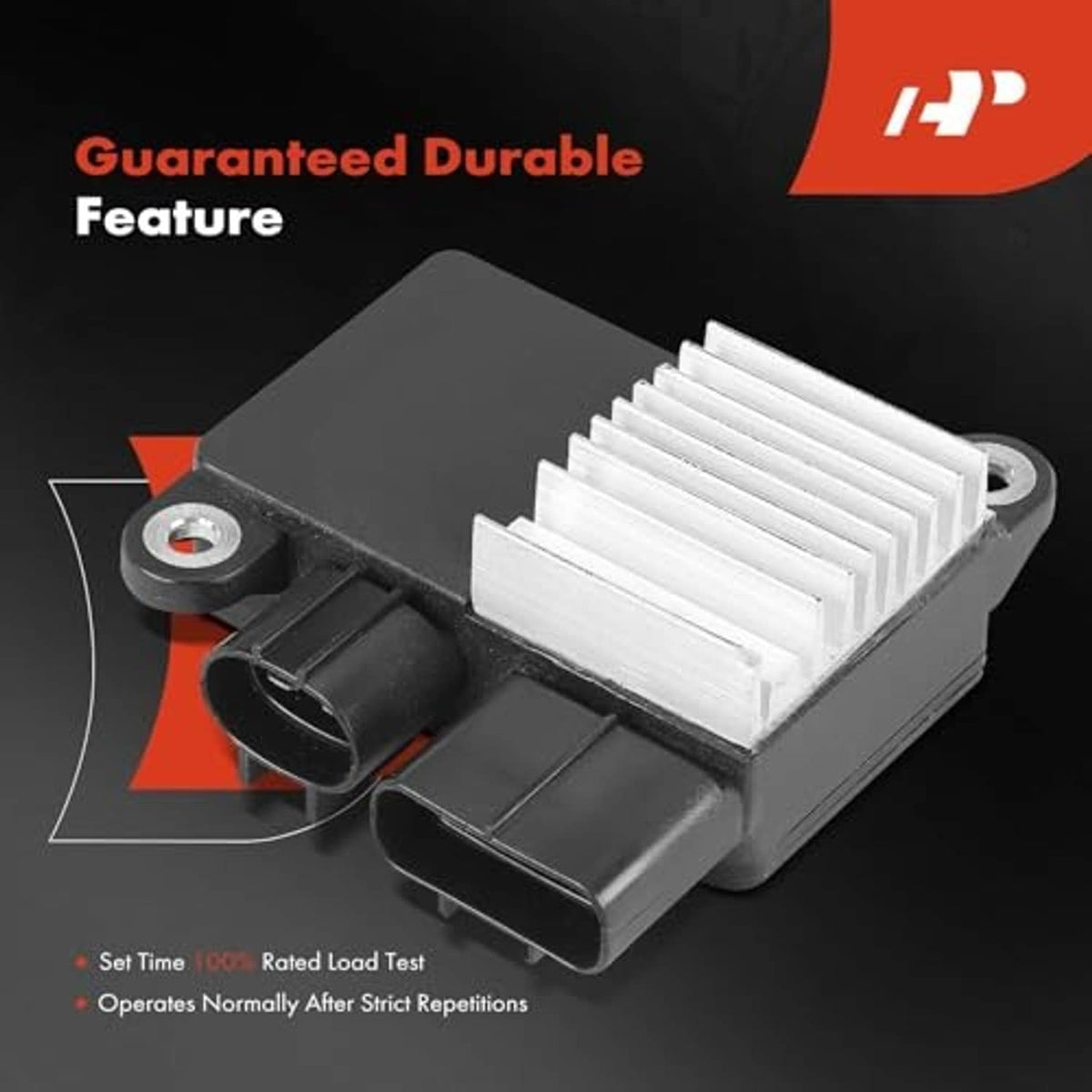 Black cooling fan control module with silver finned heat sink and mounting tab