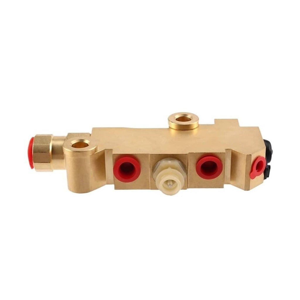 Brass proportioning valve with multiple red ports and a central white plastic insert