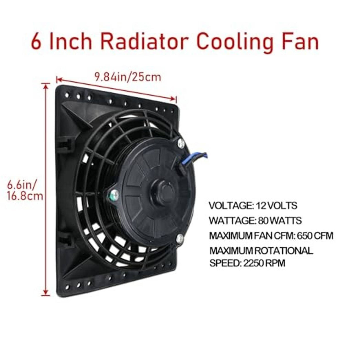 6-inch radiator cooling fan dimensions and specs graphic with black fan and frame