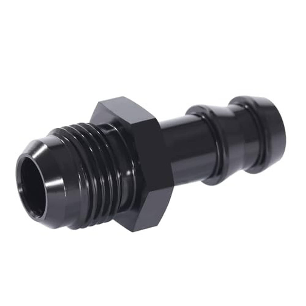 Black AN male flare to 5/8" barb straight adapter, side view with threaded ends