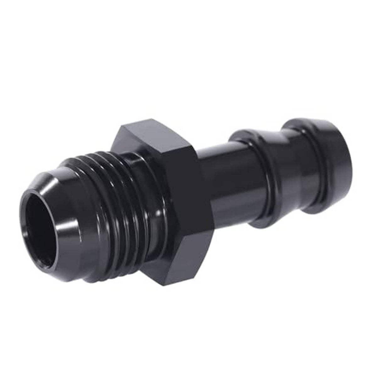 Black AN male flare to 5/8" barb straight adapter, side view with threaded ends