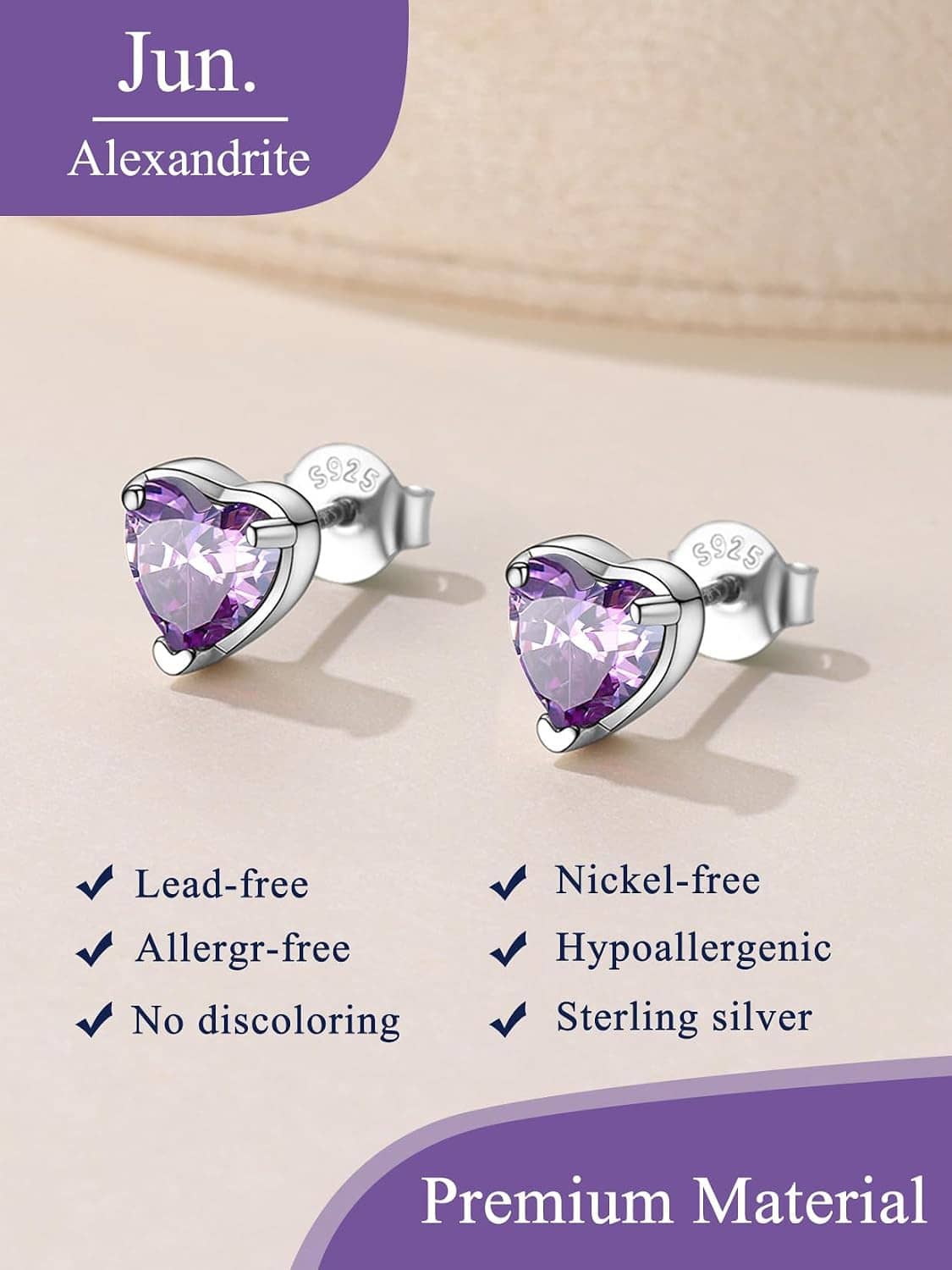 Purple heart birthstone stud earrings in sterling silver with butterfly backs