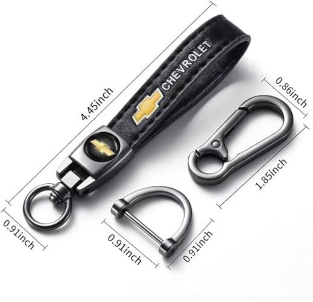 Black leather key chain with Chevrolet logo and metal carabiner, shown with size markers