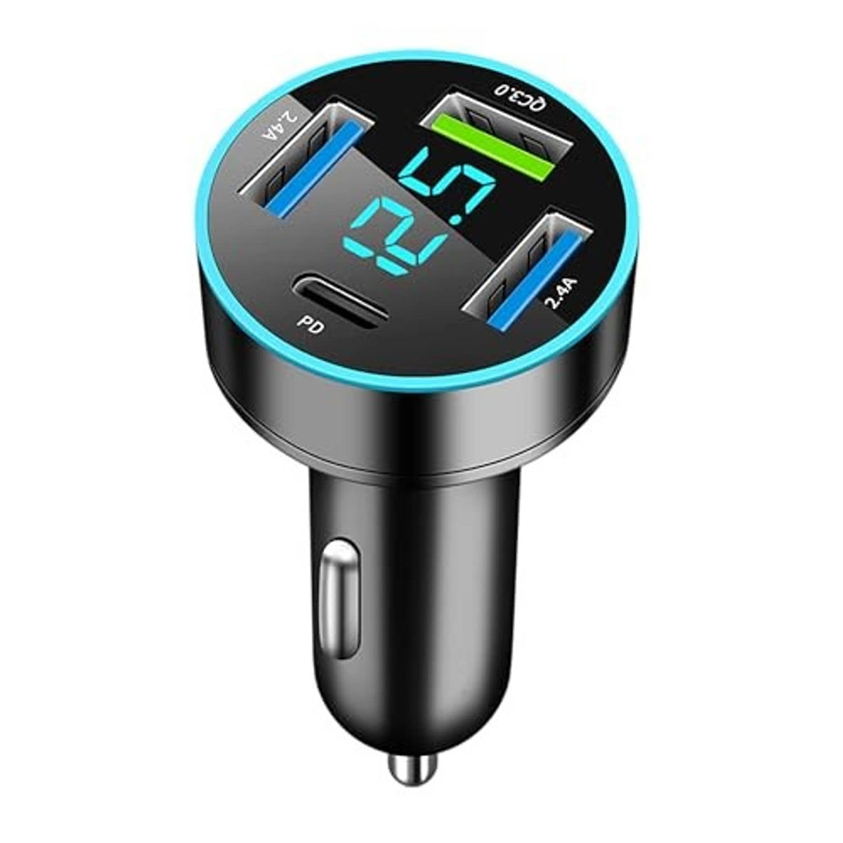 Black 4-port car USB charger with blue LED display and USB-A/USB-C PD ports