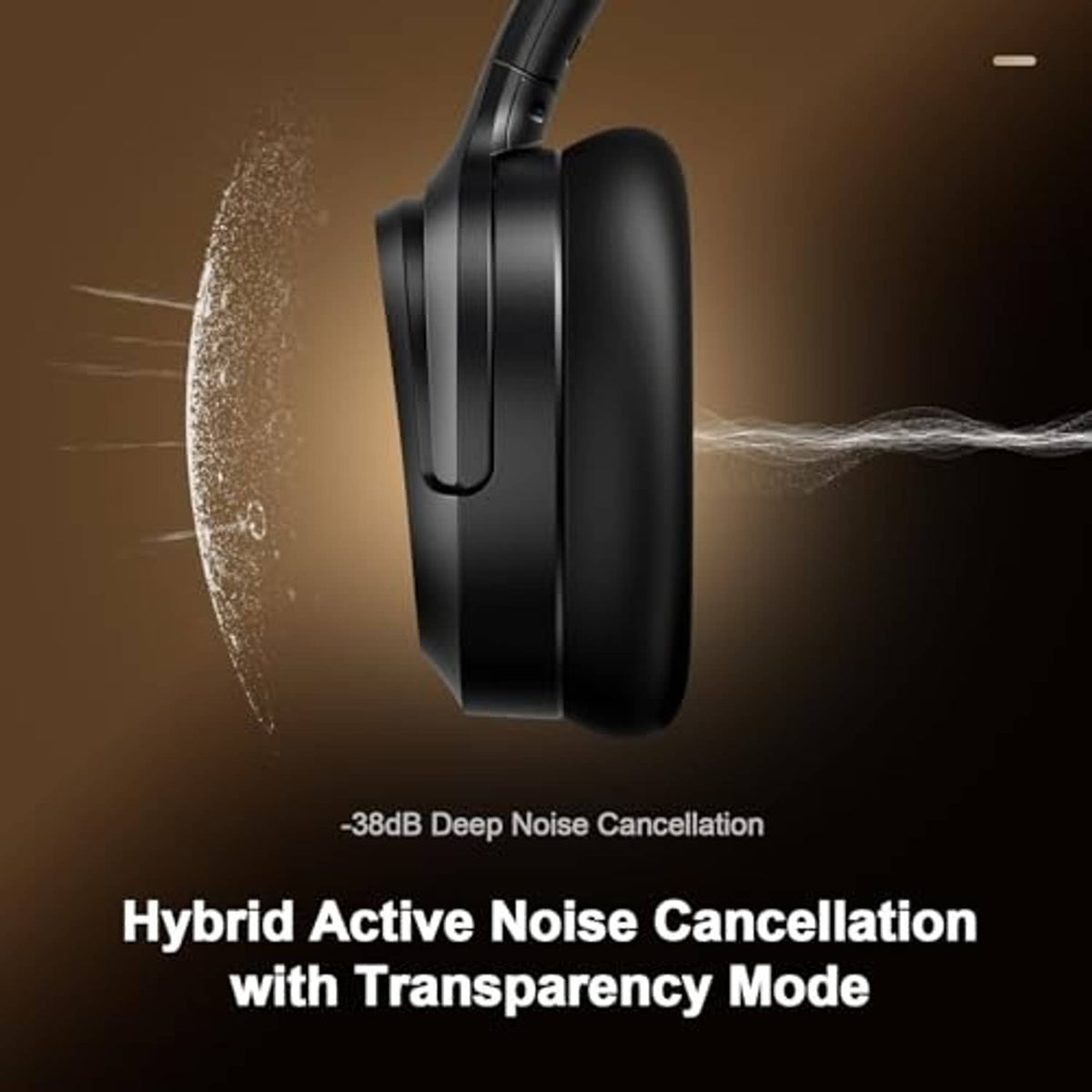 Black over-ear headphones, side profile with vented earcup and control panel