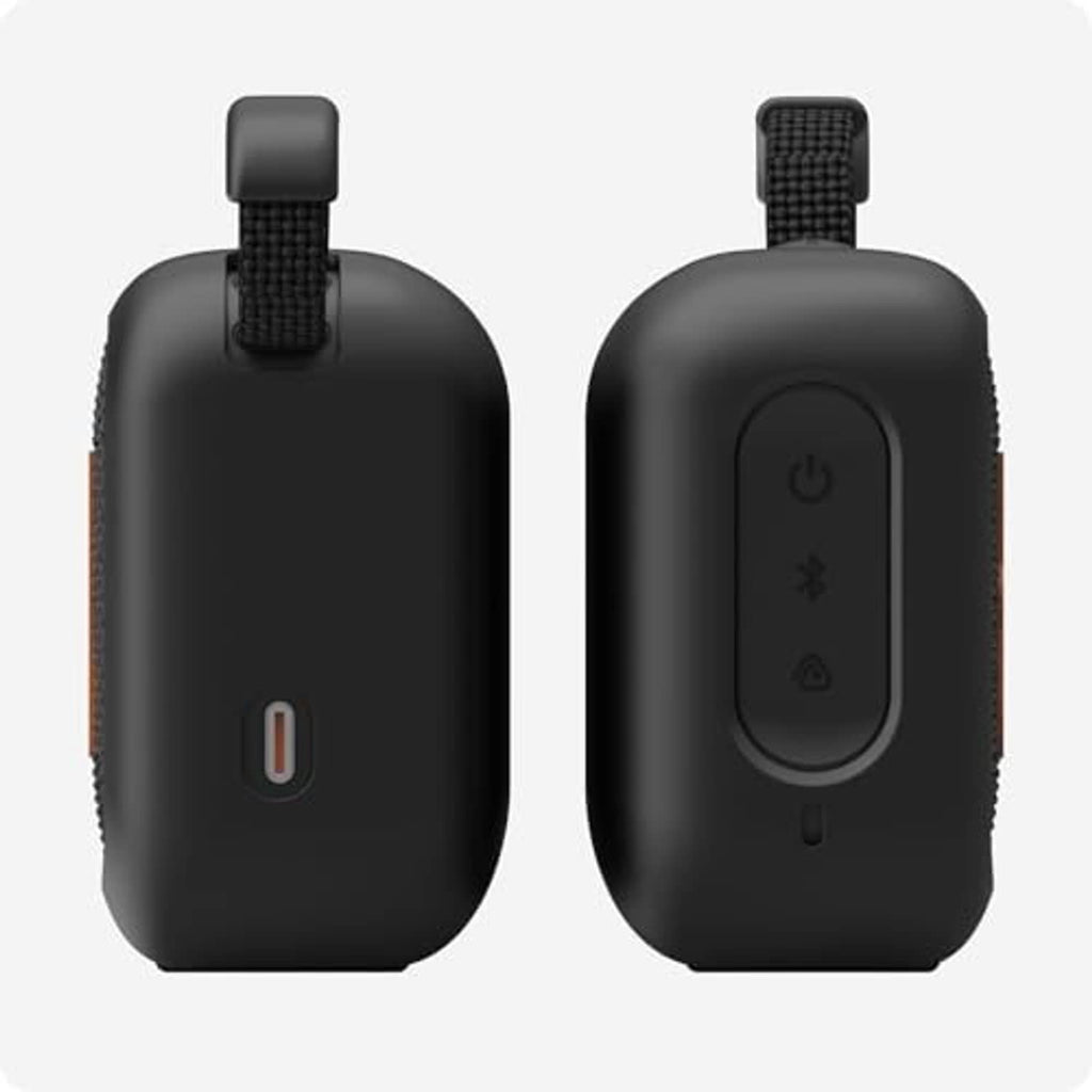 Dark silicone speaker case front and back views with strap and button panel