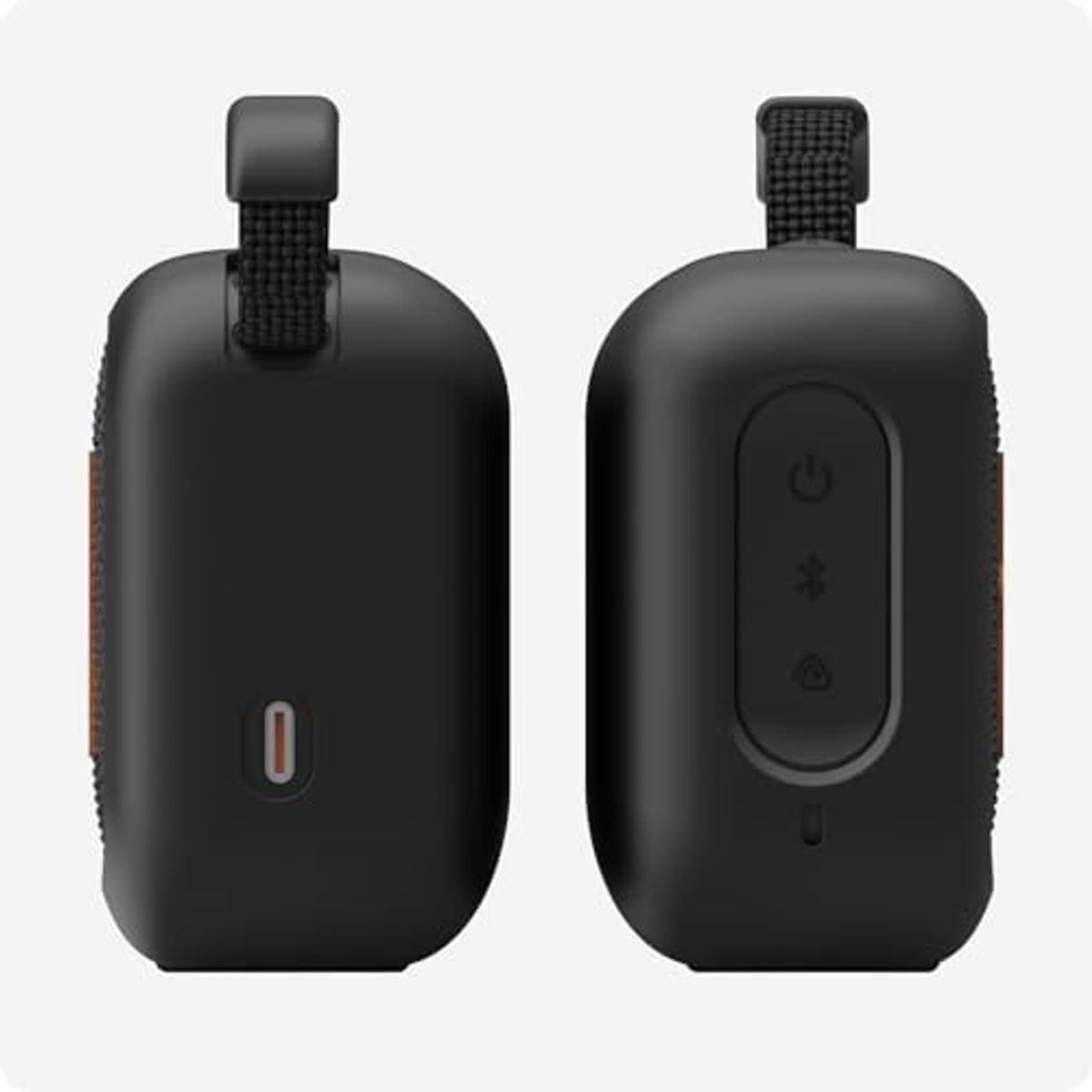 Dark silicone speaker case front and back views with strap and button panel