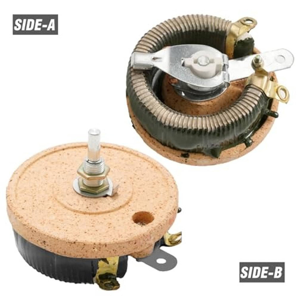 Two side views of wirewound rheostat with ceramic base, metal screw, and coiled leads