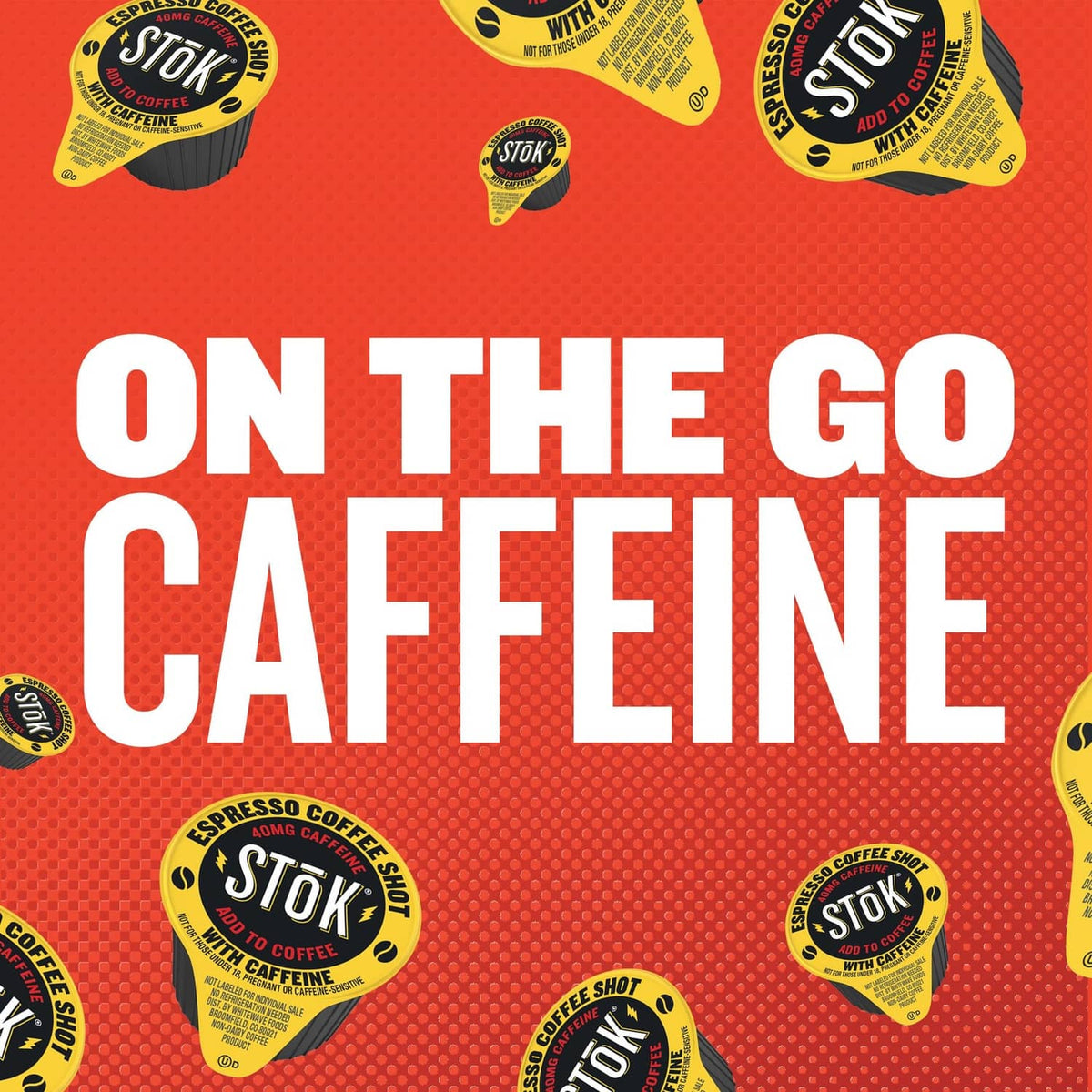 Coffee shot pod labels on red background with 'On the go caffeine' text