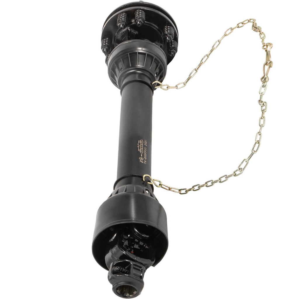 Black PTO drive shaft with yoke end and safety chain