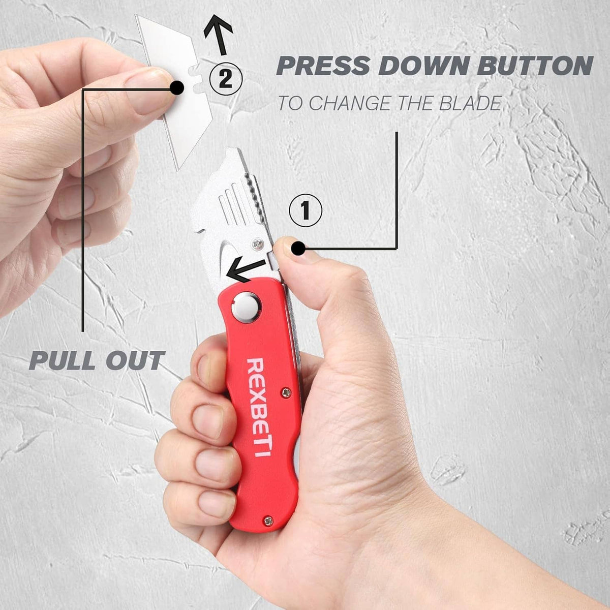 Hand holding red folding utility knife to change blade using a push button