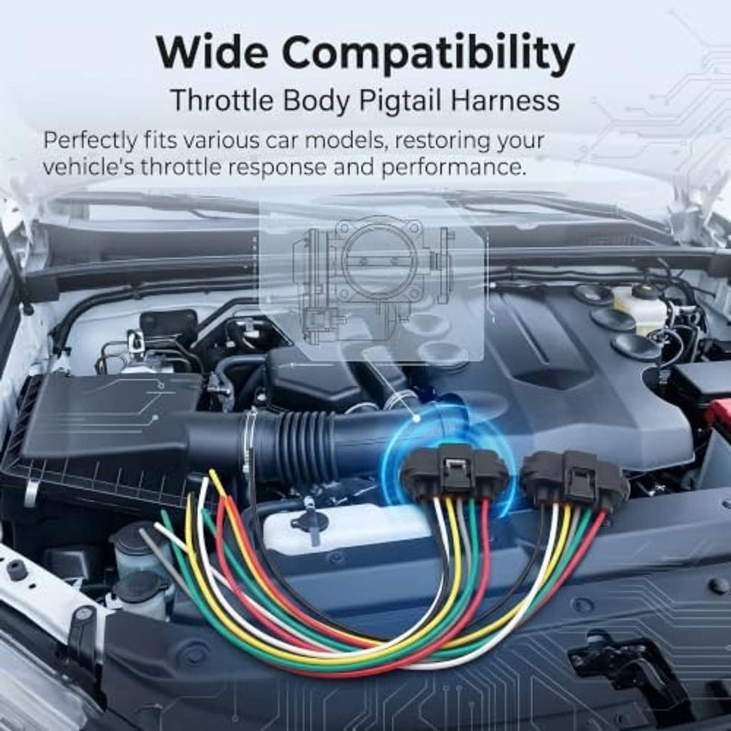 Throttle body wiring harness pigtail pair with 6-pin connectors and multicolor wires