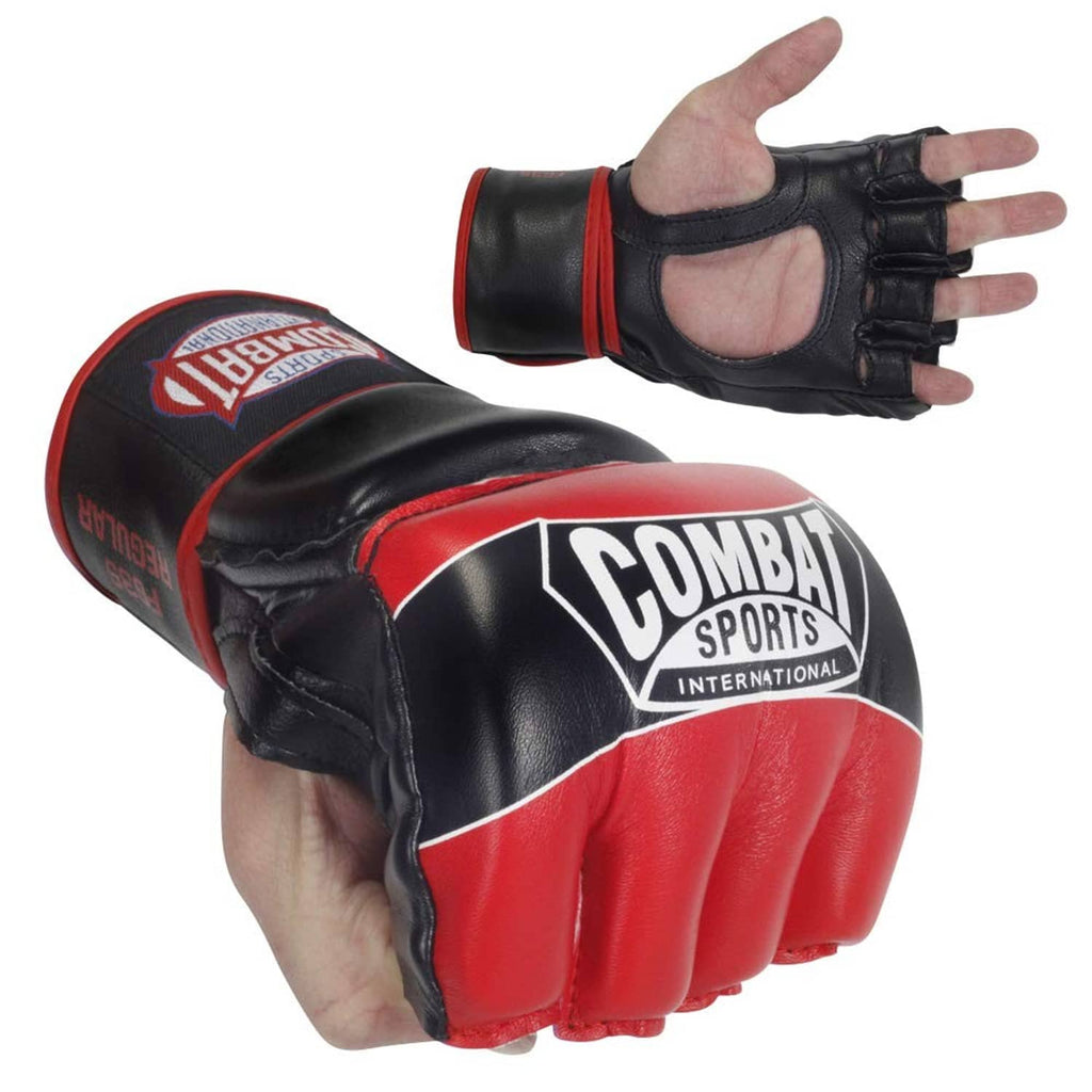 Black boxing gloves with red wrist trim and padded knuckles, open hand grip