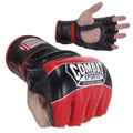 Black boxing gloves with red wrist trim and padded knuckles, open hand grip
