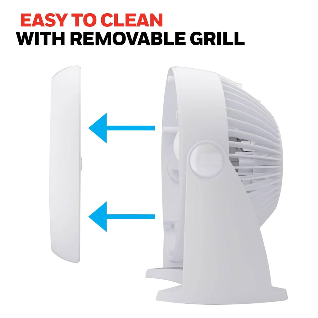White tabletop fan with removable front grille panel for easy cleaning