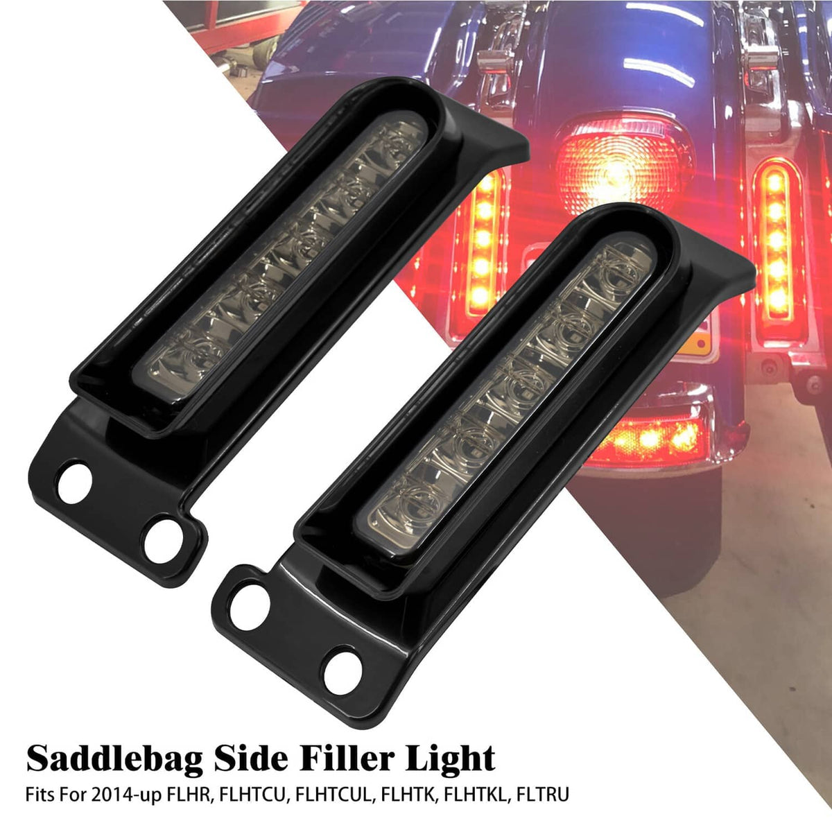 Saddlebag side filler LED lights pair with black housings and clear lens strips