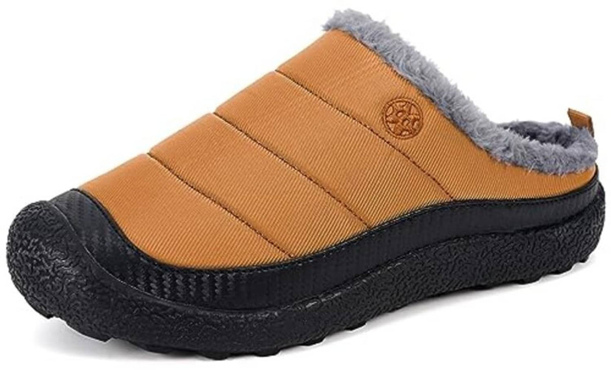 Orange slip-on slippers with gray fur cuff, ribbed upper, and black sole