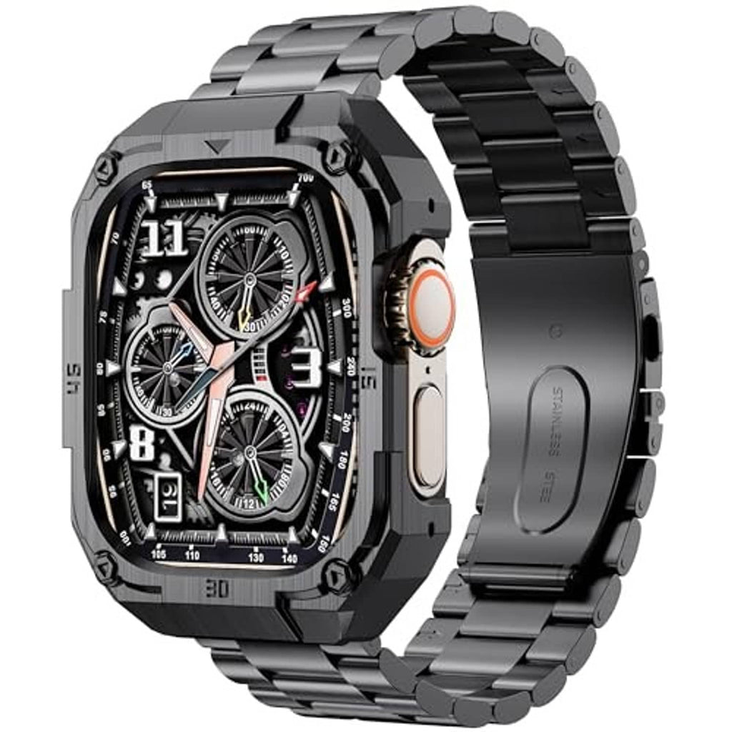 Black rugged watch case with multi-dial skeleton face and matching steel link band