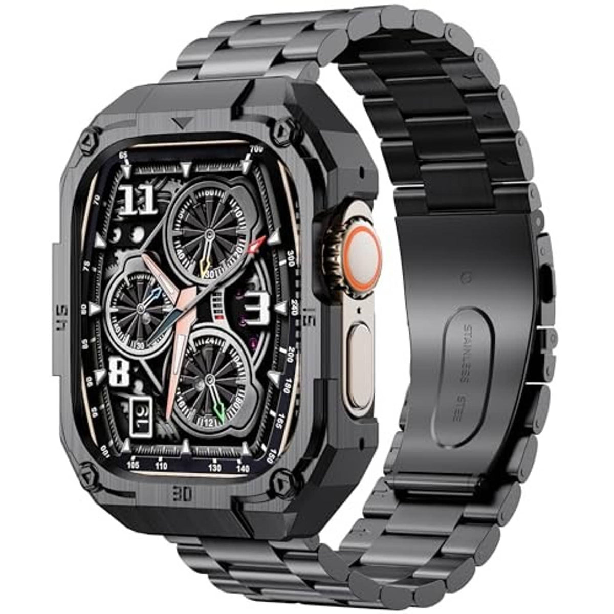 Black rugged watch case with multi-dial skeleton face and matching steel link band