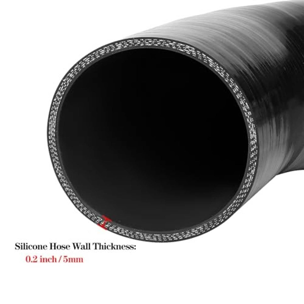 Black silicone hose elbow coupler with visible reinforced wall texture and wide opening.