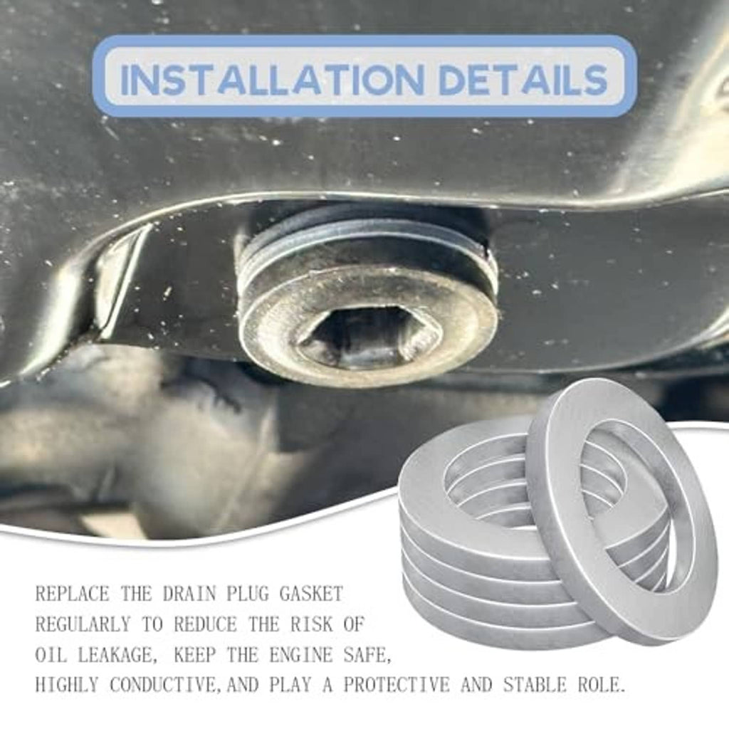 Oil drain plug crush washer gaskets stacked beside a drain plug opening