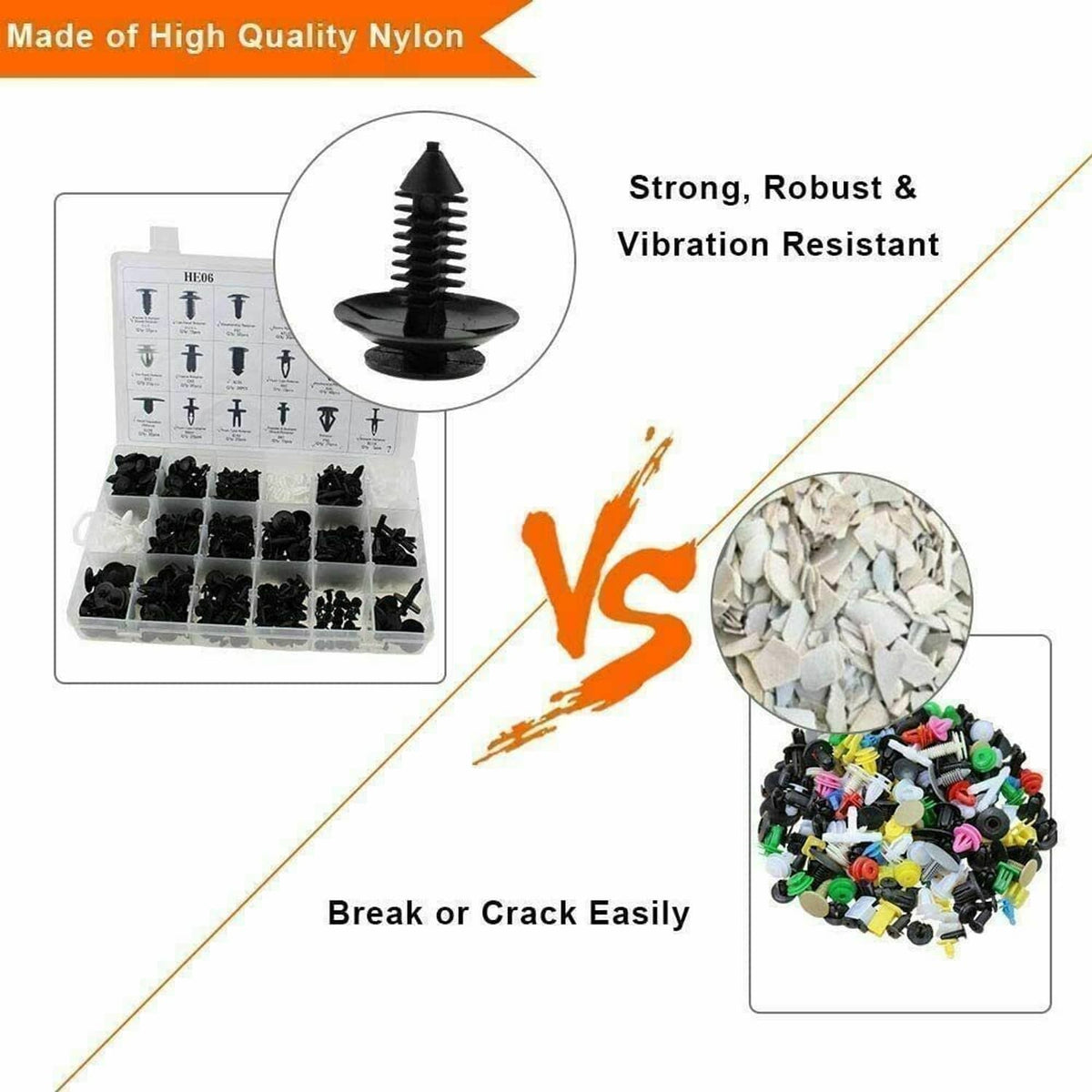 Nylon car retainer clip assortment in clear organizer tray with reference diagram