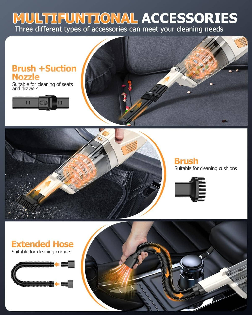 Cordless handheld vacuum with brush and suction nozzle plus extendable hose attachment