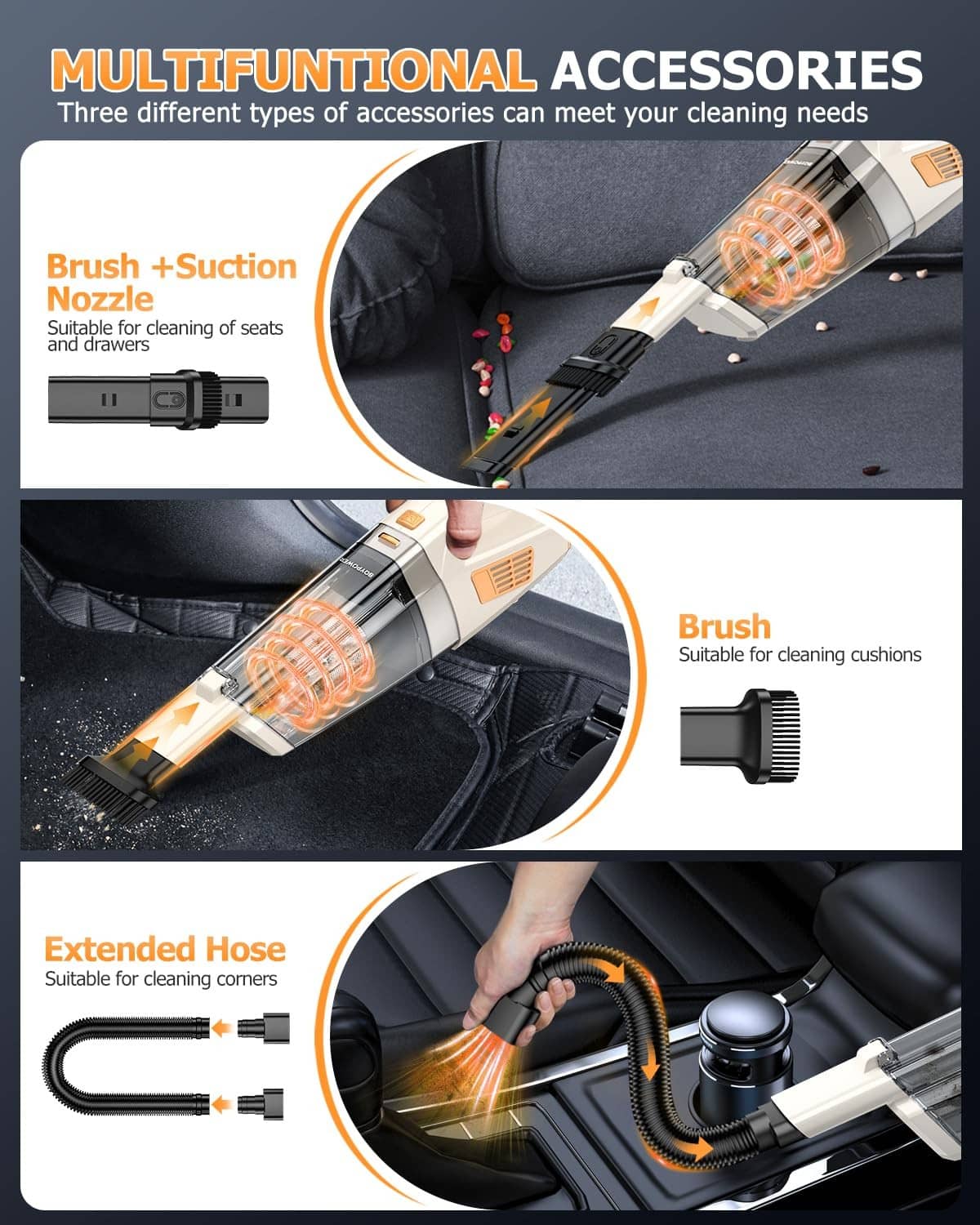 Cordless handheld vacuum with brush and suction nozzle plus extendable hose attachment